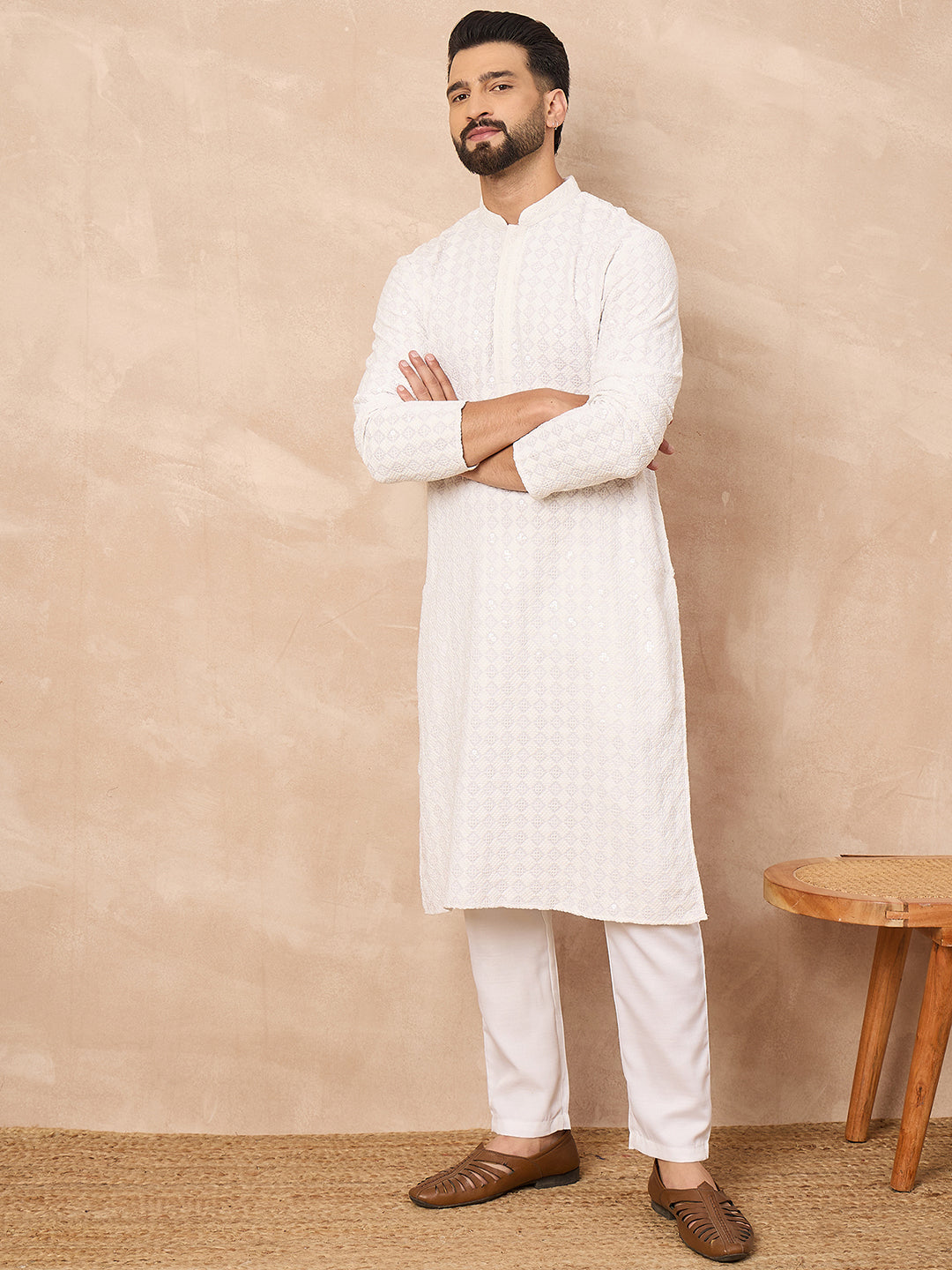 Ethnic Bay Men White Viscose Rayon Solid Embroidered Straight Kurta with Trouser-MKSET1140