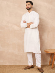 Ethnic Bay Men White Viscose Rayon Solid Embroidered Straight Kurta with Trouser-MKSET1140