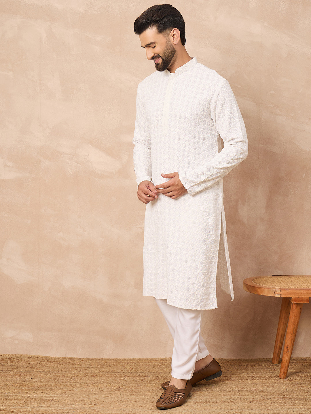 Ethnic Bay Men White Viscose Rayon Solid Embroidered Straight Kurta with Trouser-MKSET1140