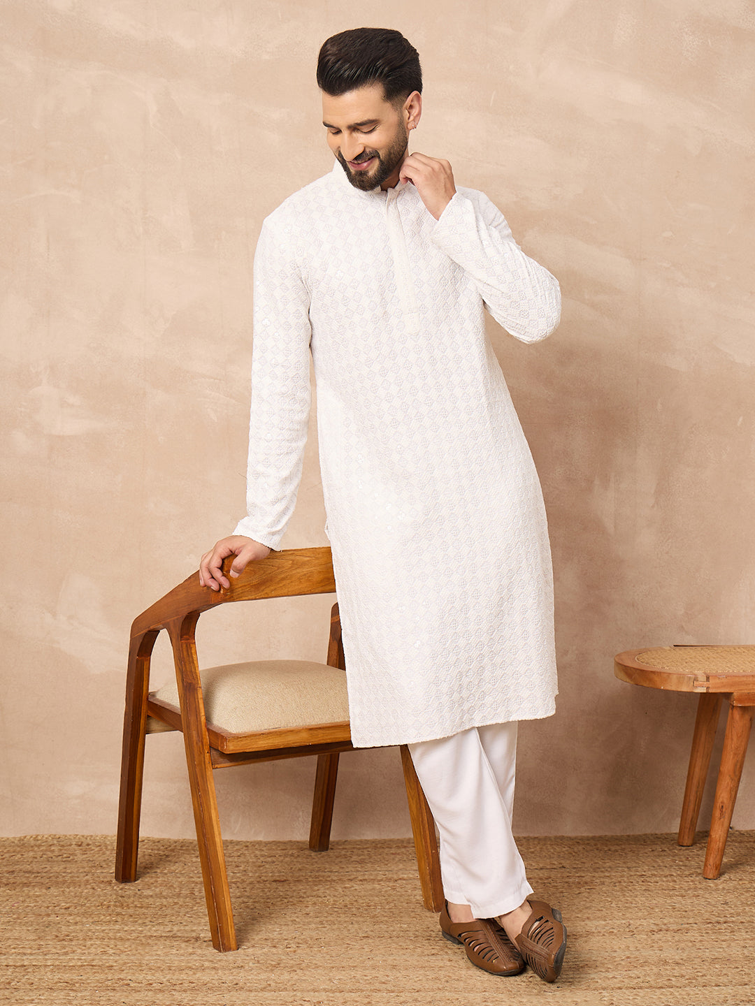 Ethnic Bay Men White Viscose Rayon Solid Embroidered Straight Kurta with Trouser-MKSET1140