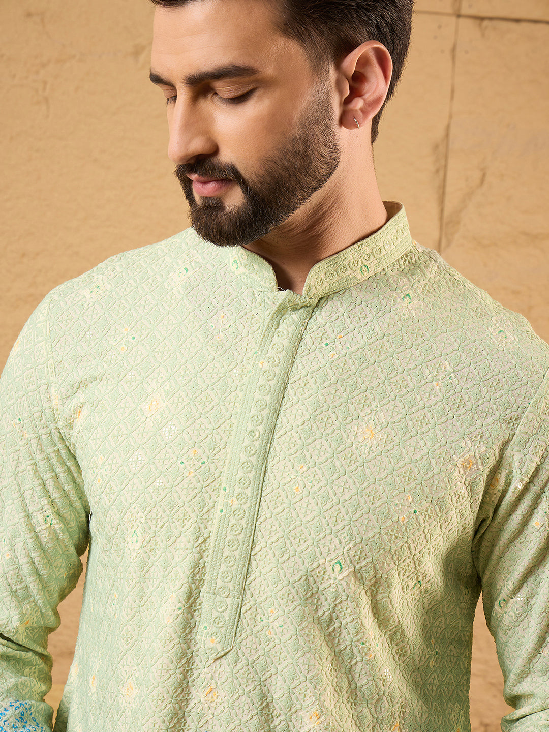 Ethnic Bay Men Green Viscose Rayon Bandhani Embroidered Straight Kurta with Trouser-MKSET1141