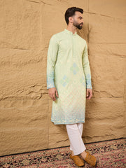 Ethnic Bay Men Green Viscose Rayon Bandhani Embroidered Straight Kurta with Trouser-MKSET1141
