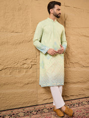 Ethnic Bay Men Green Viscose Rayon Bandhani Embroidered Straight Kurta with Trouser-MKSET1141