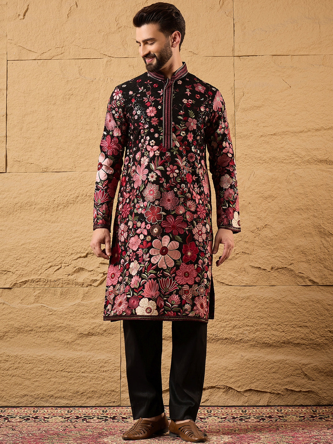Ethnic Bay Men Black Georgette Solid Embroidered Straight Kurta with Trouser-MKSET1154