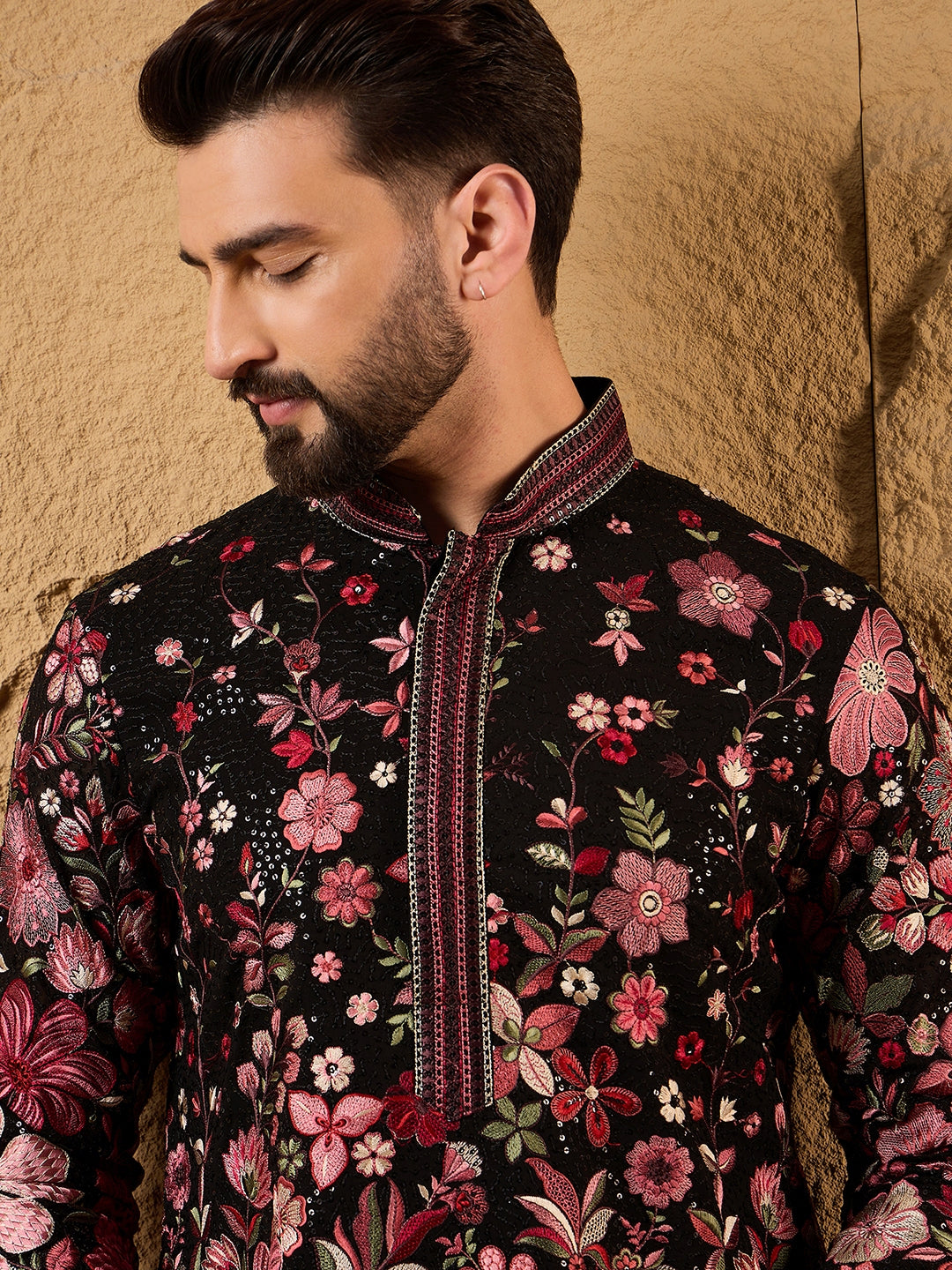 Ethnic Bay Men Black Georgette Solid Embroidered Straight Kurta with Trouser-MKSET1154