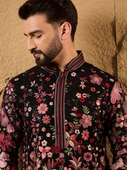 Ethnic Bay Men Black Georgette Solid Embroidered Straight Kurta with Trouser-MKSET1154