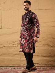 Ethnic Bay Men Black Georgette Solid Embroidered Straight Kurta with Trouser-MKSET1154