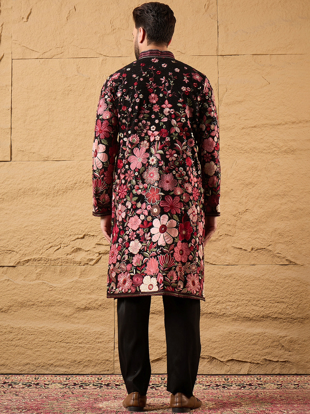 Ethnic Bay Men Black Georgette Solid Embroidered Straight Kurta with Trouser-MKSET1154