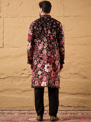 Ethnic Bay Men Black Georgette Solid Embroidered Straight Kurta with Trouser-MKSET1154