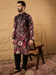 Ethnic Bay Men Black Georgette Solid Embroidered Straight Kurta with Trouser-MKSET1154