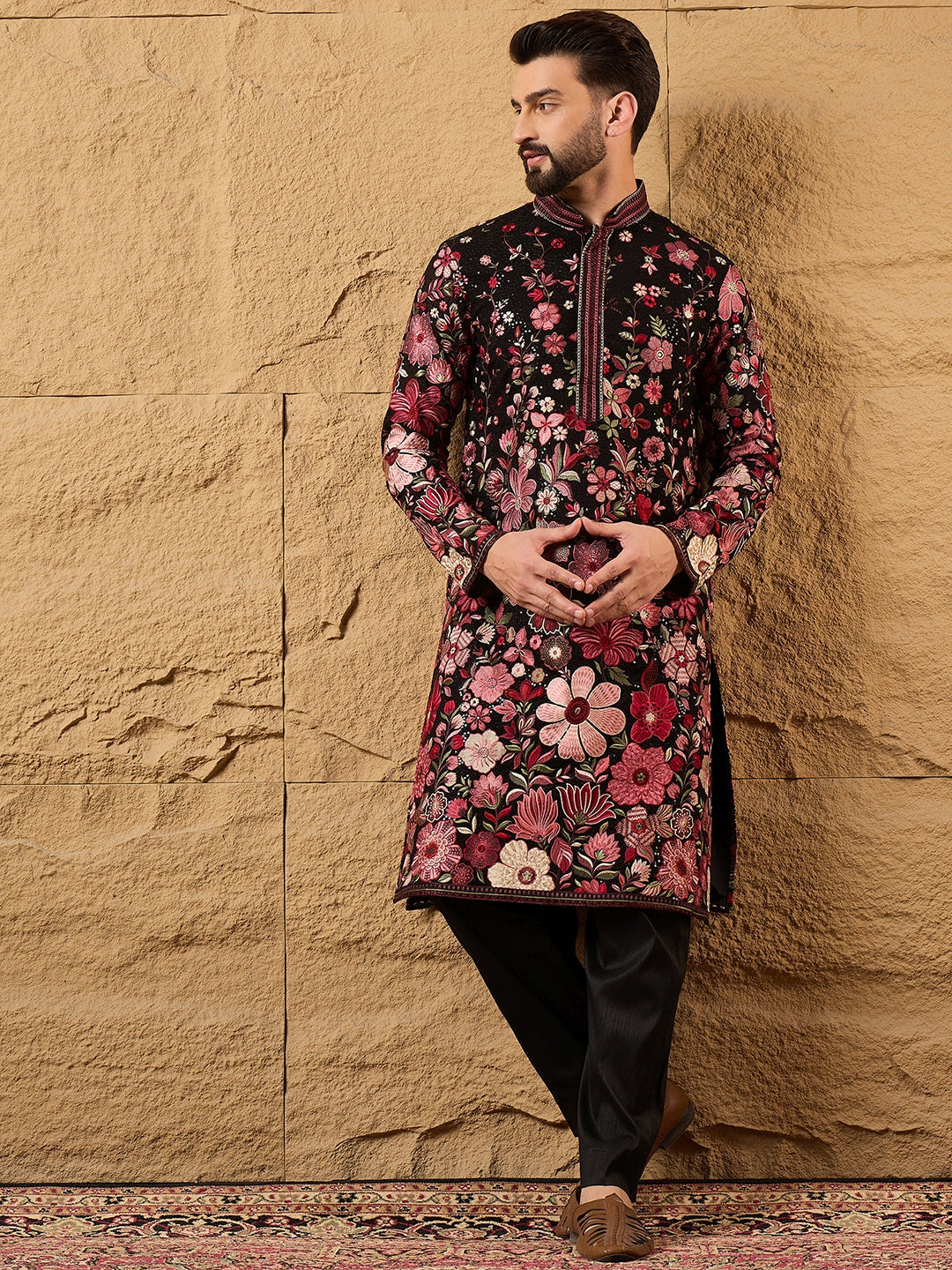 Ethnic Bay Men Black Georgette Solid Embroidered Straight Kurta with Trouser-MKSET1154