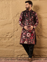 Ethnic Bay Men Black Georgette Solid Embroidered Straight Kurta with Trouser-MKSET1154
