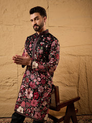 Ethnic Bay Men Black Georgette Solid Embroidered Straight Kurta with Trouser-MKSET1154
