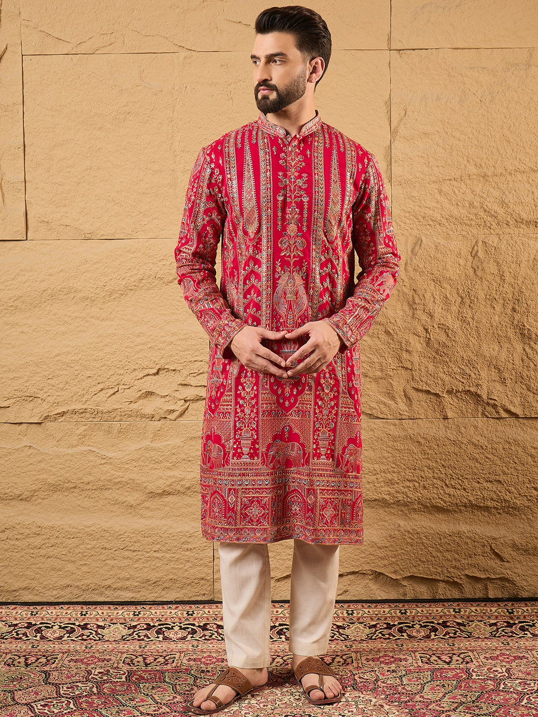 Ethnic Bay Men Pink Georgette Solid Embroidered Straight Kurta with Trouser-MKSET1160