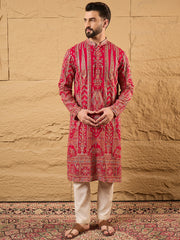 Ethnic Bay Men Pink Georgette Solid Embroidered Straight Kurta with Trouser-MKSET1160