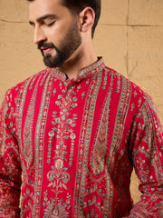 Ethnic Bay Men Pink Georgette Solid Embroidered Straight Kurta with Trouser-MKSET1160