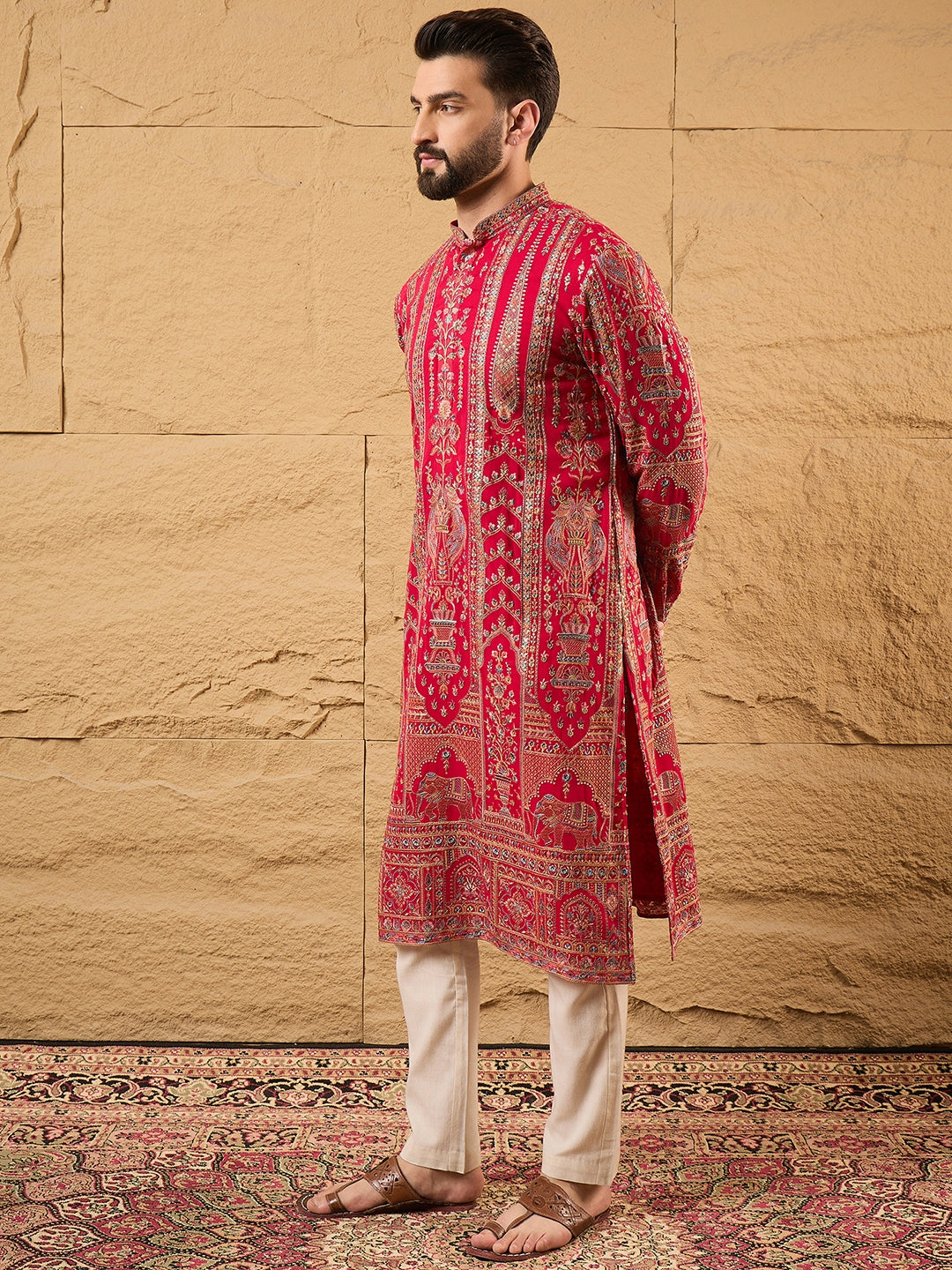 Ethnic Bay Men Pink Georgette Solid Embroidered Straight Kurta with Trouser-MKSET1160