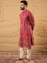 Ethnic Bay Men Pink Georgette Solid Embroidered Straight Kurta with Trouser-MKSET1160