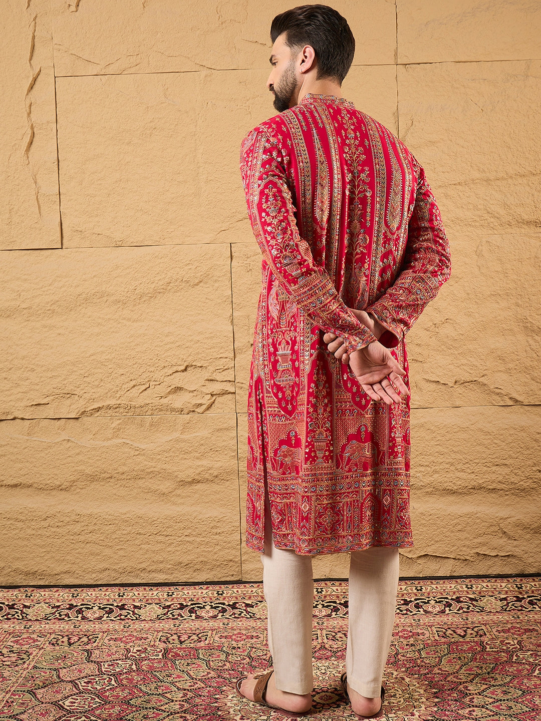 Ethnic Bay Men Pink Georgette Solid Embroidered Straight Kurta with Trouser-MKSET1160