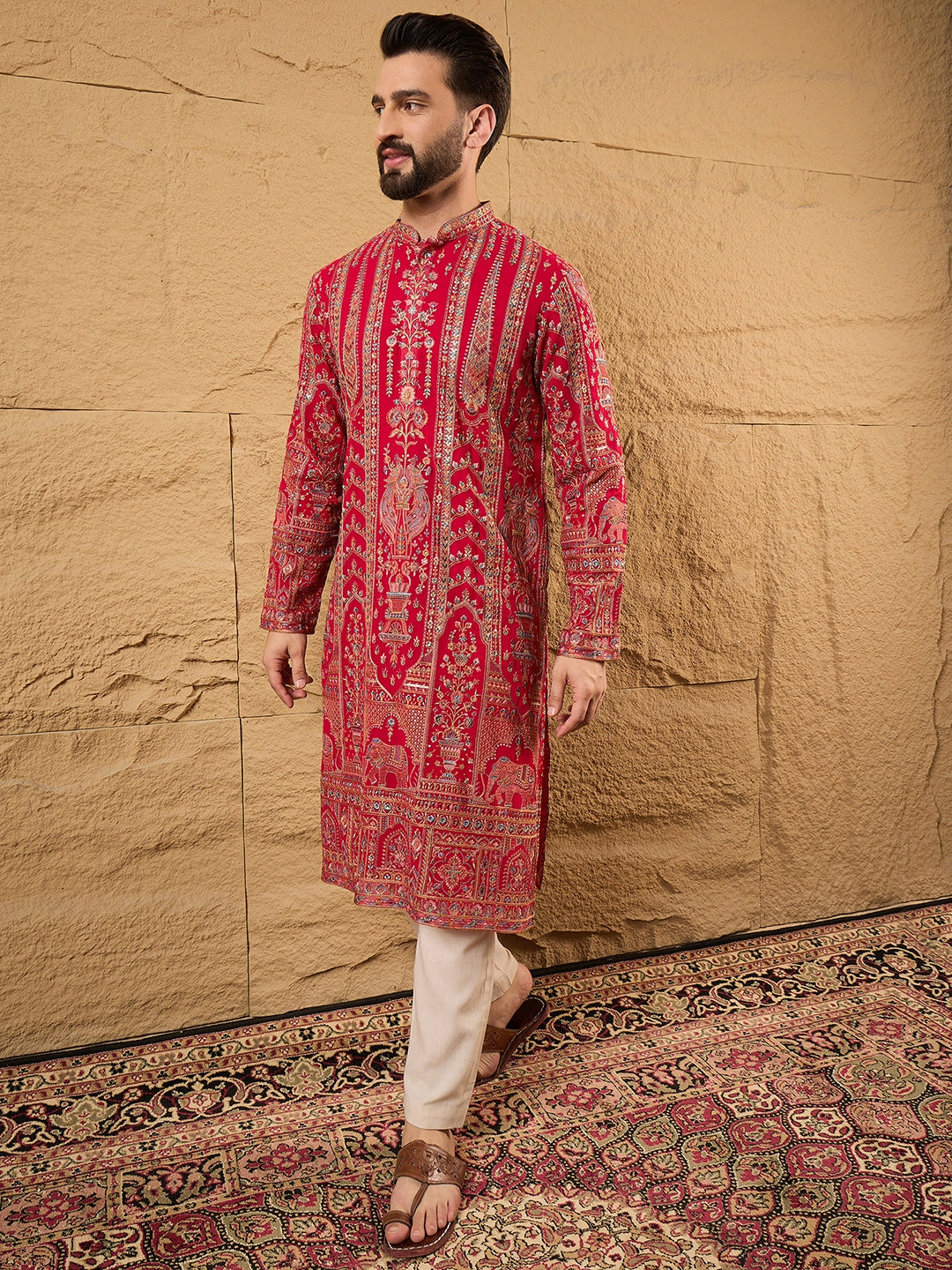 Ethnic Bay Men Pink Georgette Solid Embroidered Straight Kurta with Trouser-MKSET1160