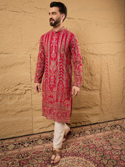 Ethnic Bay Men Pink Georgette Solid Embroidered Straight Kurta with Trouser-MKSET1160