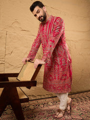 Ethnic Bay Men Pink Georgette Solid Embroidered Straight Kurta with Trouser-MKSET1160