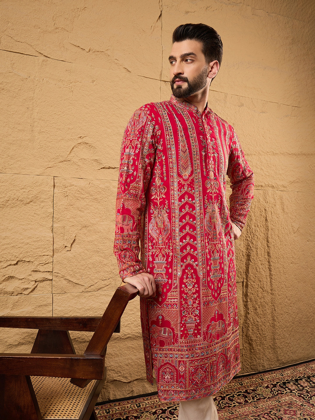 Ethnic Bay Men Pink Georgette Solid Embroidered Straight Kurta with Trouser-MKSET1160