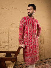 Ethnic Bay Men Pink Georgette Solid Embroidered Straight Kurta with Trouser-MKSET1160