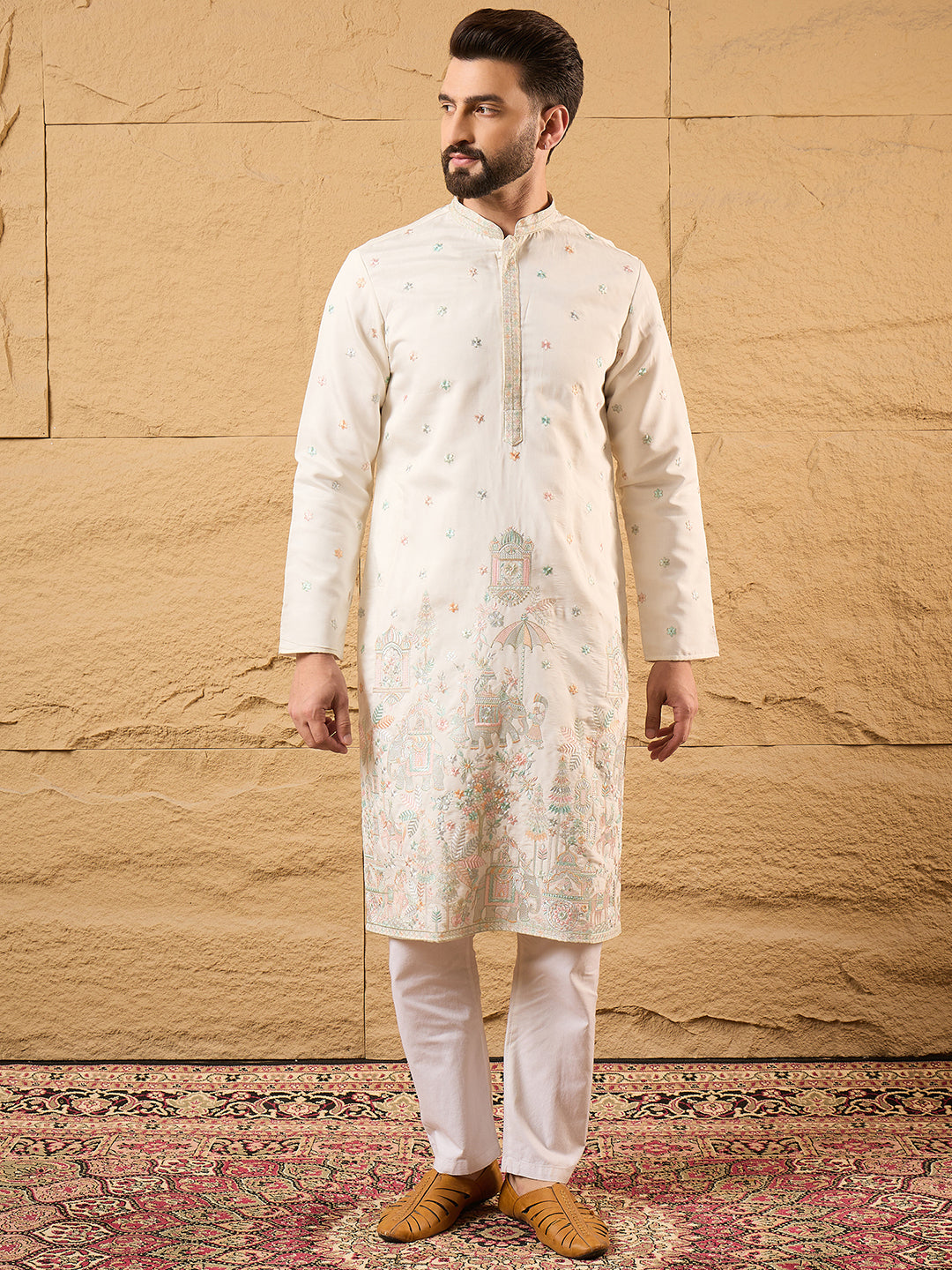 Ethnic Bay Men Off White Silk Blend Solid Embroidered Straight Kurta with Trouser-MKSET1179