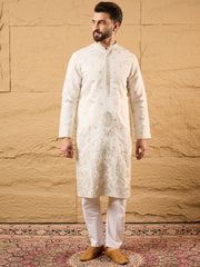 Ethnic Bay Men Off White Silk Blend Solid Embroidered Straight Kurta with Trouser-MKSET1179