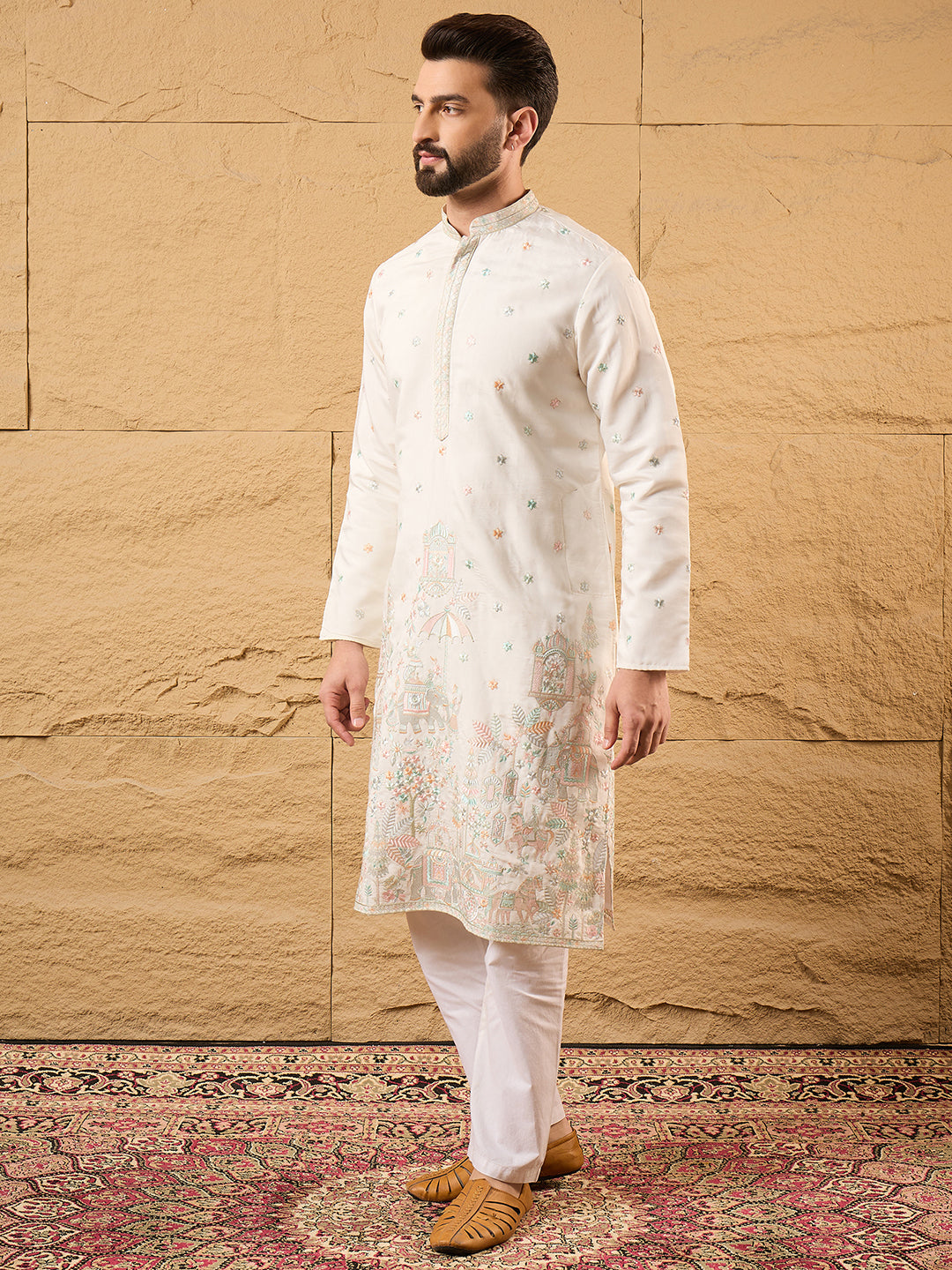 Ethnic Bay Men Off White Silk Blend Solid Embroidered Straight Kurta with Trouser-MKSET1179