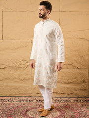 Ethnic Bay Men Off White Silk Blend Solid Embroidered Straight Kurta with Trouser-MKSET1179