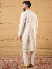 Ethnic Bay Men Off White Silk Blend Solid Embroidered Straight Kurta with Trouser-MKSET1179