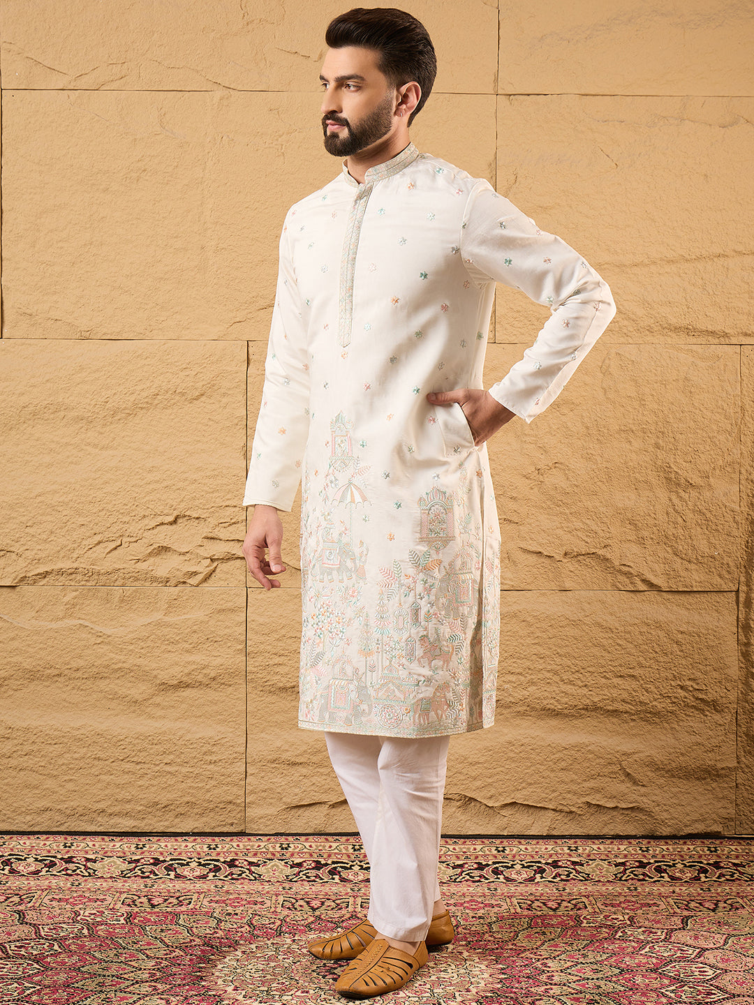 Ethnic Bay Men Off White Silk Blend Solid Embroidered Straight Kurta with Trouser-MKSET1179