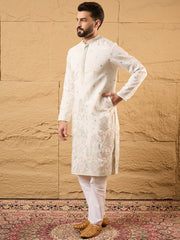 Ethnic Bay Men Off White Silk Blend Solid Embroidered Straight Kurta with Trouser-MKSET1179