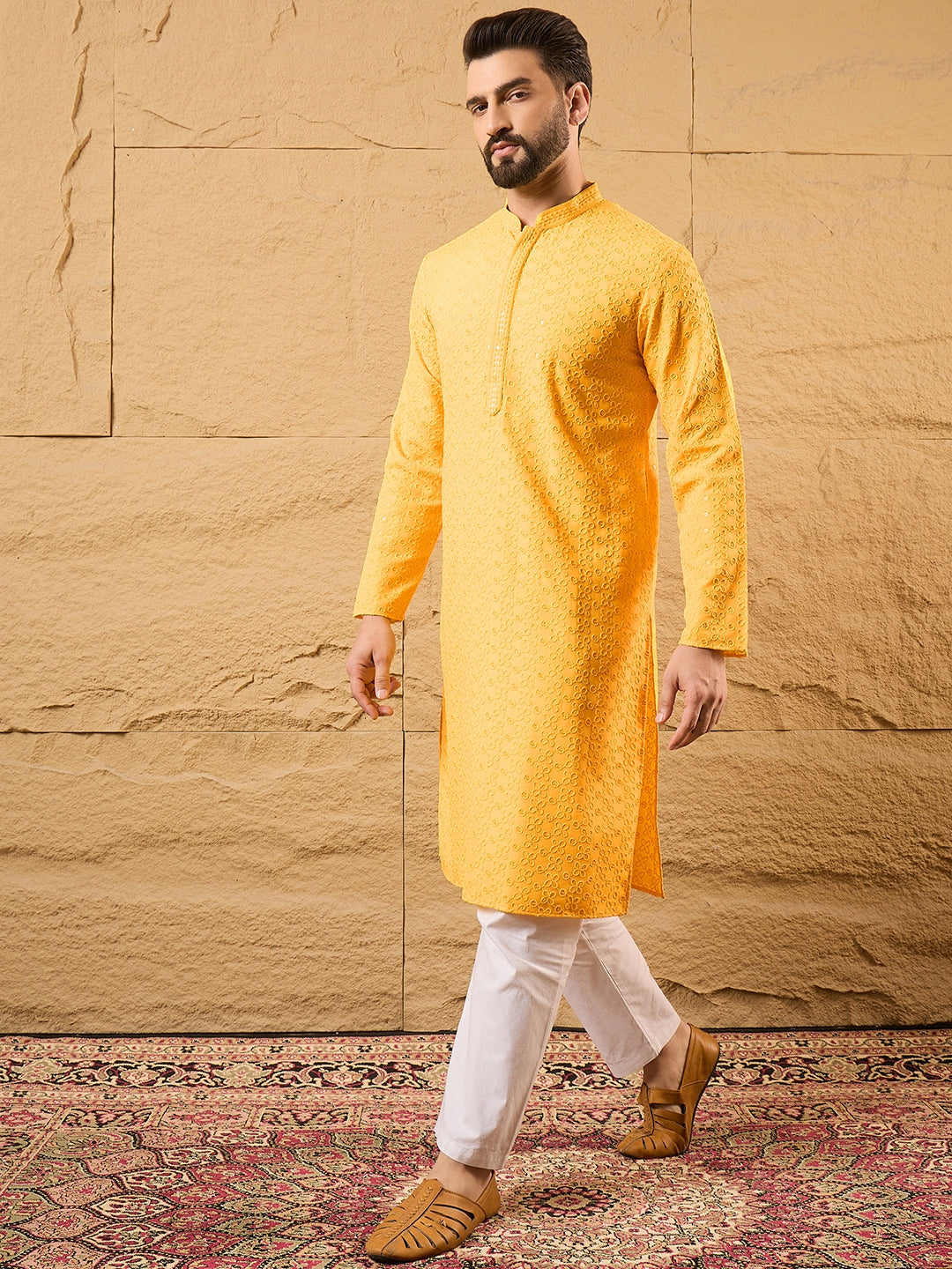 Ethnic Bay Men Yellow Viscose Rayon Solid Embroidered Straight Kurta with Trouser-MKSET1186