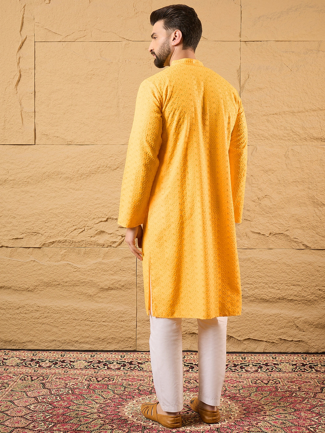 Ethnic Bay Men Yellow Viscose Rayon Solid Embroidered Straight Kurta with Trouser-MKSET1186