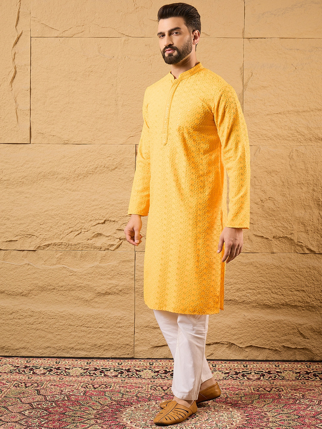 Ethnic Bay Men Yellow Viscose Rayon Solid Embroidered Straight Kurta with Trouser-MKSET1186