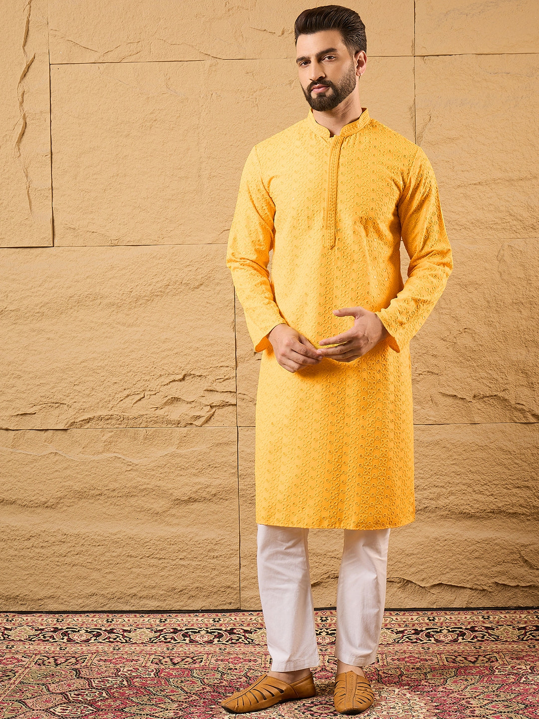 Ethnic Bay Men Yellow Viscose Rayon Solid Embroidered Straight Kurta with Trouser-MKSET1186