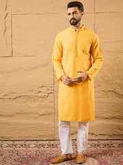 Ethnic Bay Men Yellow Viscose Rayon Solid Embroidered Straight Kurta with Trouser-MKSET1186