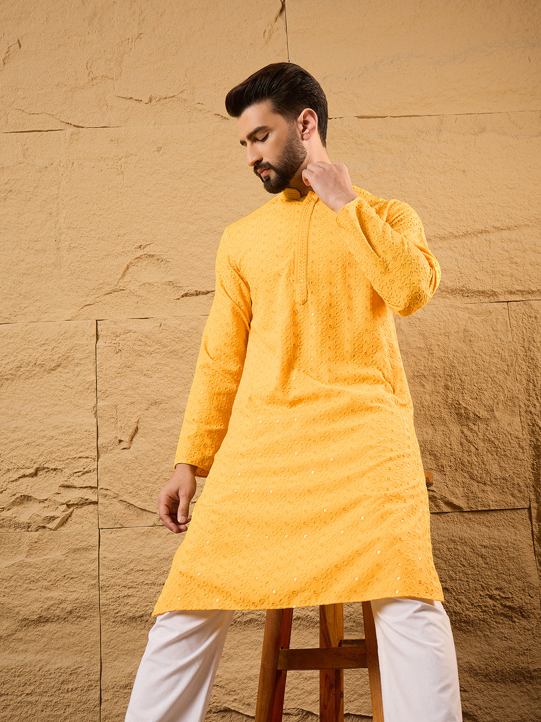 Ethnic Bay Men Yellow Viscose Rayon Solid Embroidered Straight Kurta with Trouser-MKSET1186