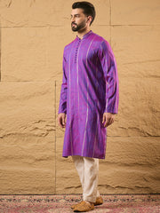 Ethnic Bay Men Purple Pure Cotton Solid Embroidered Straight Kurta with Trouser-MKSET1194