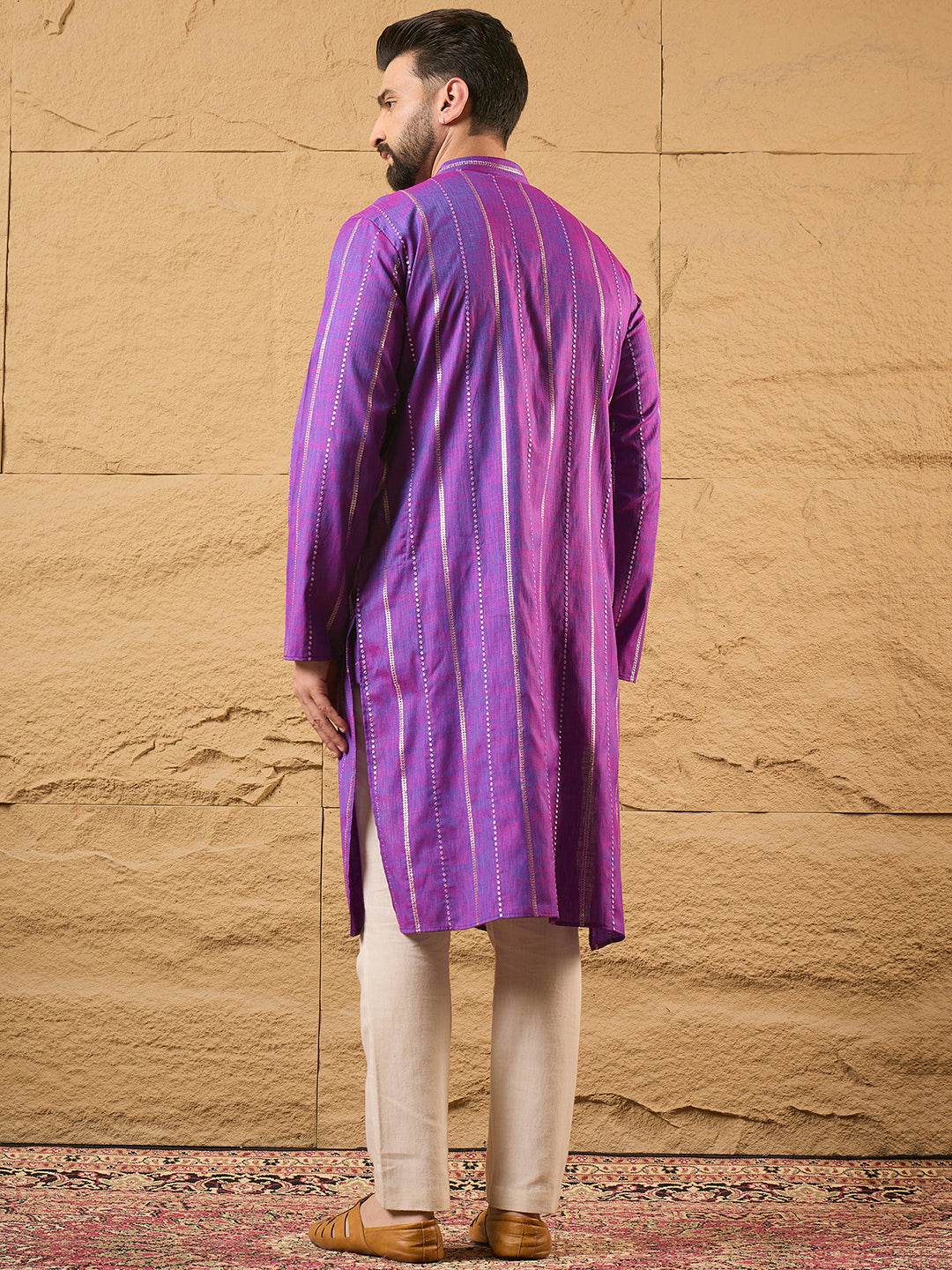Ethnic Bay Men Purple Pure Cotton Solid Embroidered Straight Kurta with Trouser-MKSET1194