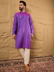 Ethnic Bay Men Purple Pure Cotton Solid Embroidered Straight Kurta with Trouser-MKSET1194