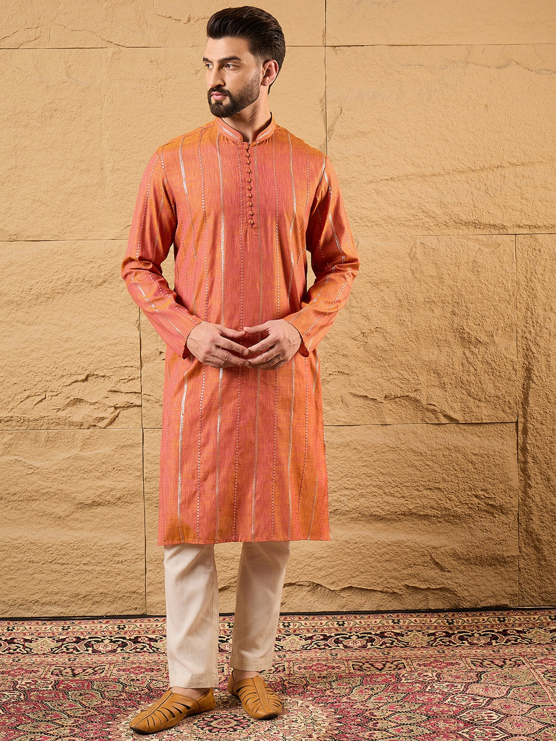 Ethnic Bay Men Orange Pure Cotton Solid Embroidered Straight Kurta with Trouser-MKSET1196