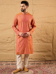 Ethnic Bay Men Orange Pure Cotton Solid Embroidered Straight Kurta with Trouser-MKSET1196