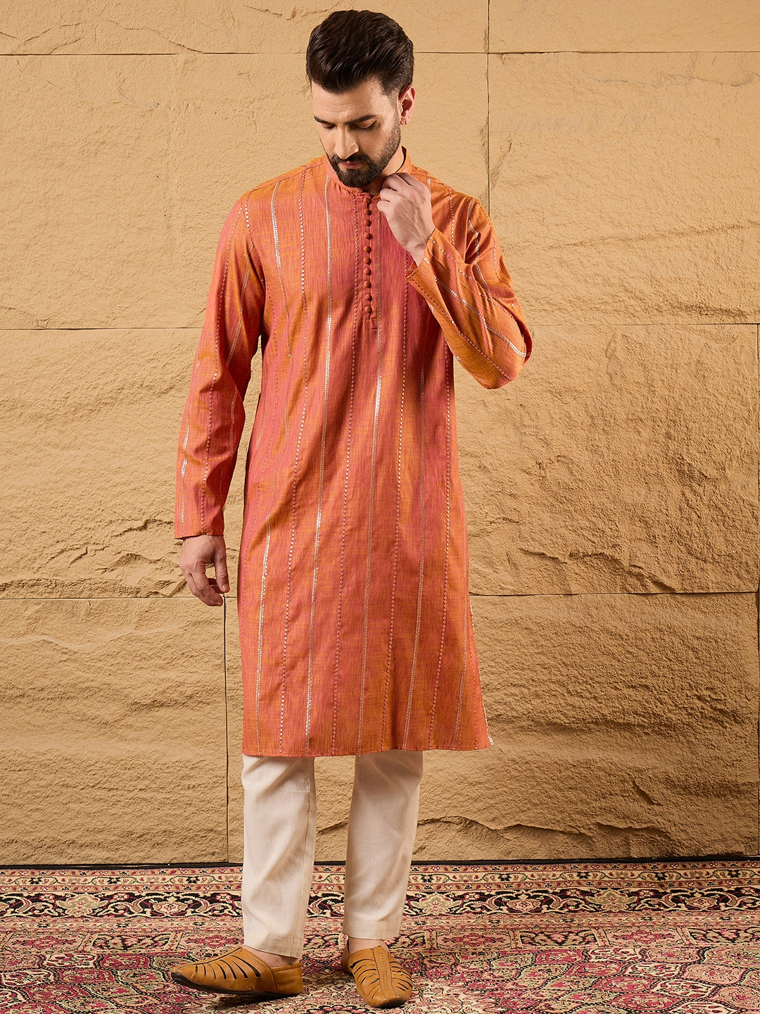 Ethnic Bay Men Orange Pure Cotton Solid Embroidered Straight Kurta with Trouser-MKSET1196