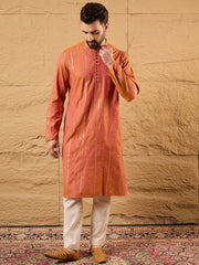 Ethnic Bay Men Orange Pure Cotton Solid Embroidered Straight Kurta with Trouser-MKSET1196