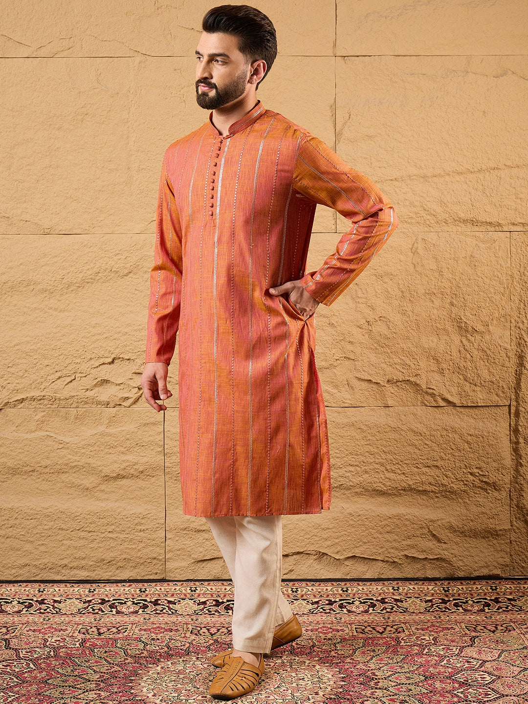 Ethnic Bay Men Orange Pure Cotton Solid Embroidered Straight Kurta with Trouser-MKSET1196