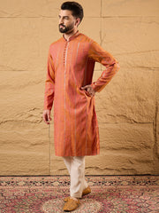 Ethnic Bay Men Orange Pure Cotton Solid Embroidered Straight Kurta with Trouser-MKSET1196